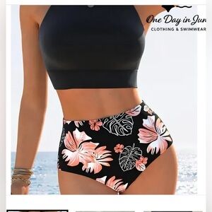 High-Waist Bikini Bottoms - Black with Pink Floral